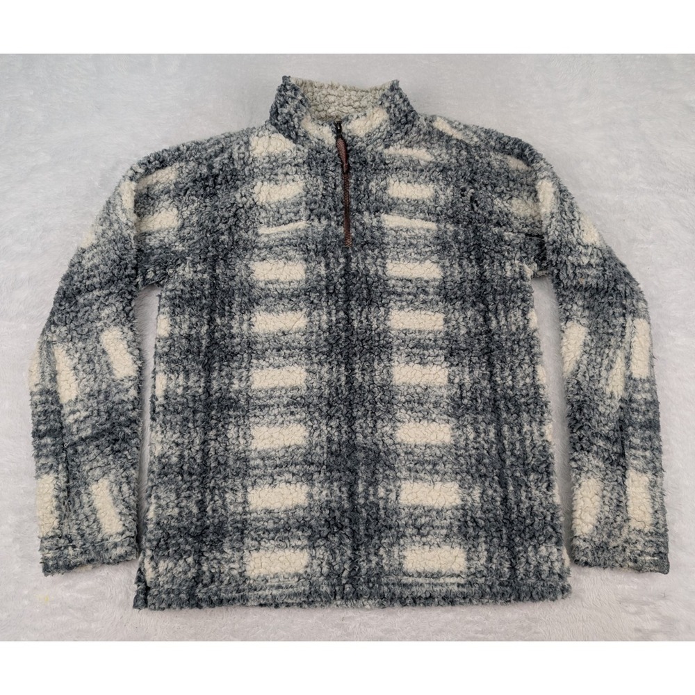 True Grit Sherpa Fleece Full Zip Jacket Women's S Gray/White Plaid Soft